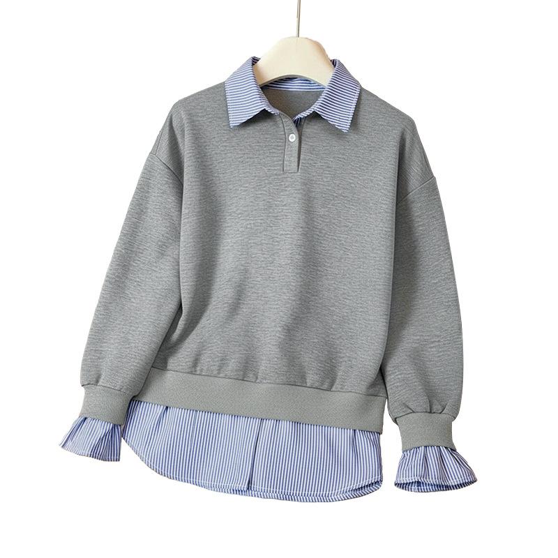 2025 Neuer Herbst Lässiger College-Stil Pullover Revers Gestreift Fake Zweiteiler Grau Sweatshirt