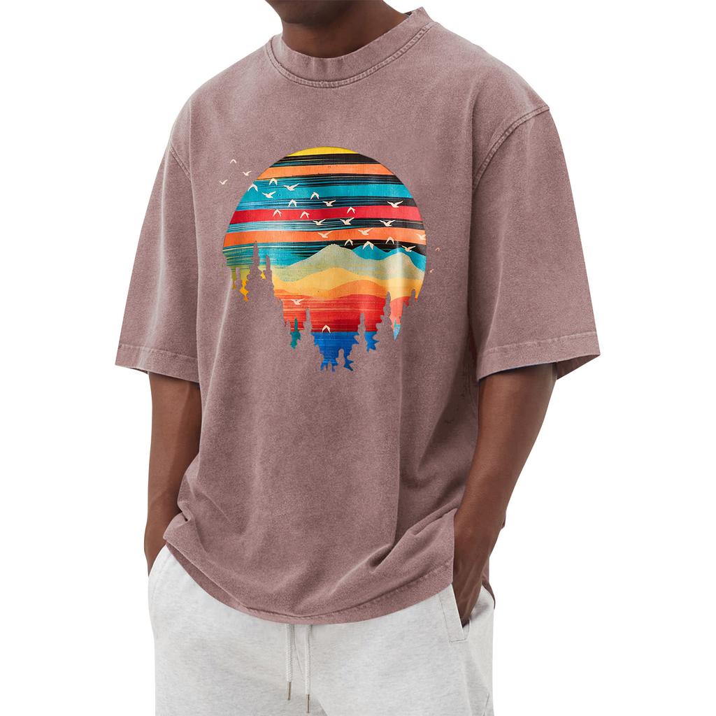 Men's Printed Round Neck T-Shirt Casual Sports Short-Sleeve Top