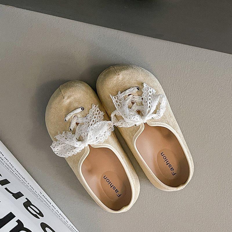 Versatile Bow Bag Head Half Slippers Women'S Outer Wear French Retro Birkenstocks Lace Platform Spring