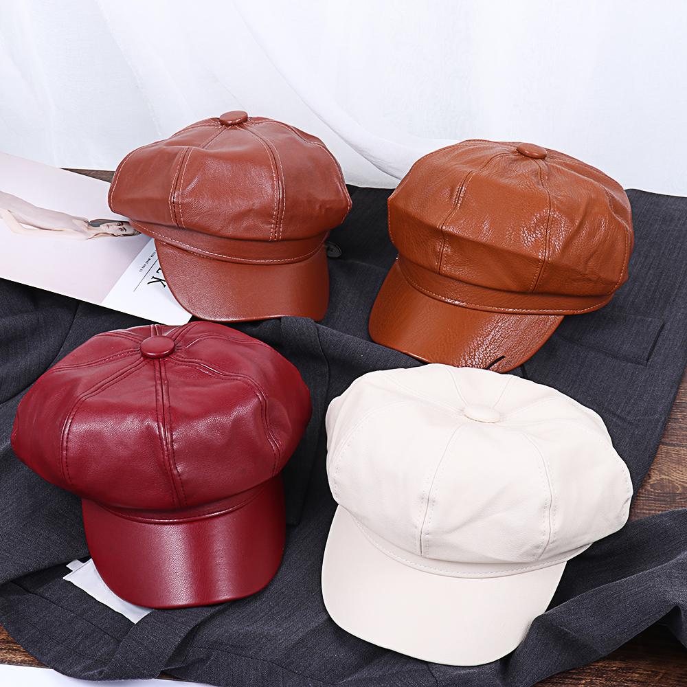 Ladies Women Girls Solid Color New Fashion PU Leather Peaked Cap Newsboy Hat Beret Hat Newsboy Cap