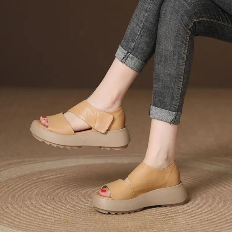 Sandale de vară de damă de modă Pantofi cu platformă Sandale romane Sandale cu cârlig și buclă pentru femei Pantofi retro din piele PU pentru femei Tendință 2024