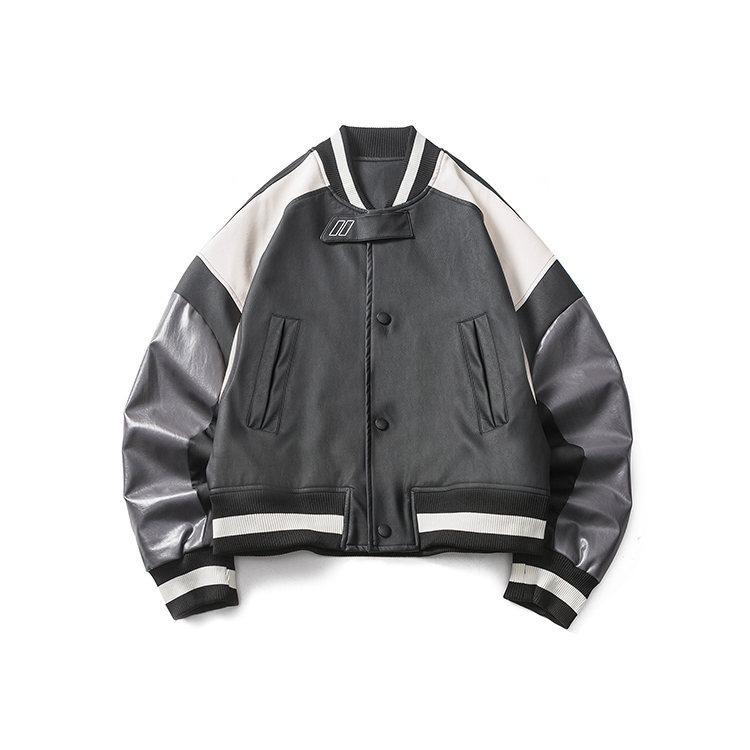 American retro PU leather splicing short motorcycle jacket men's cleanfit deconstruction design baseball jacket tide