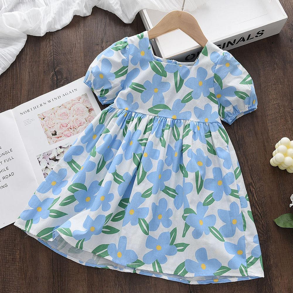 Girls Summer Cotton Princess Dress Fresh Floral Hollow Out Puff Sleeve Short Sleeve Party Dress For Kids 110cm синий