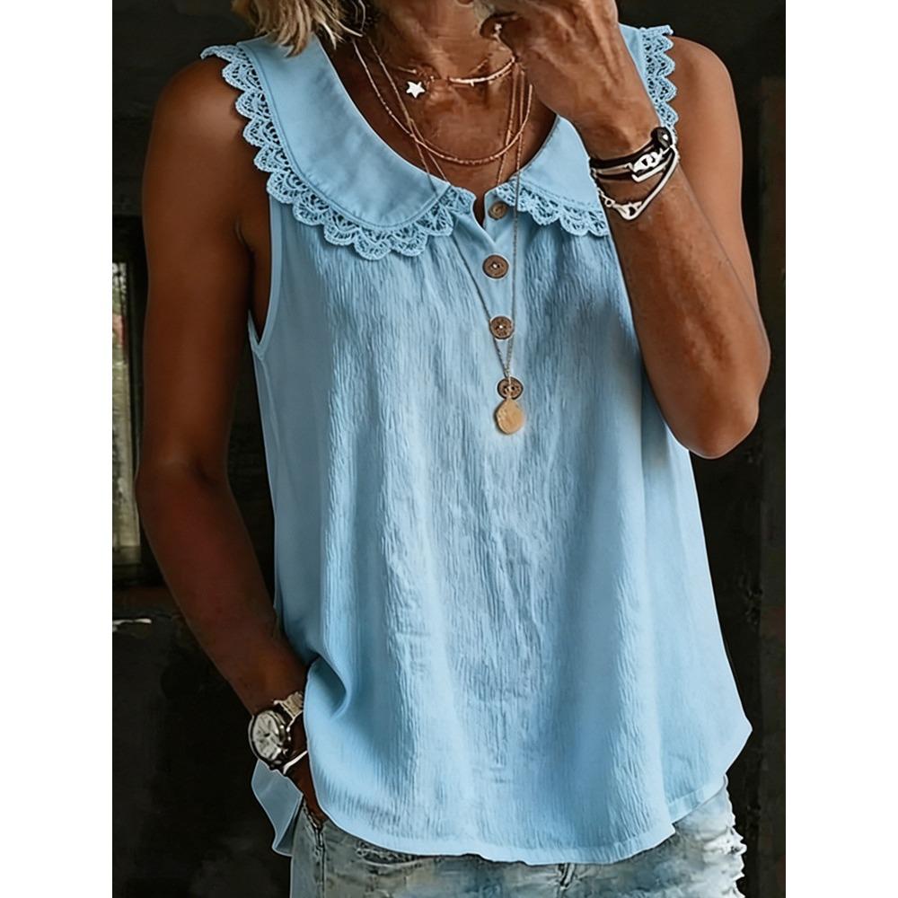 Women Summer Loose Solid Color Sleeveless Shirt Lapel Lace Button Fashion Blouse S небесно-голубой