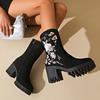 Fashion Luxury Embroidery Black Suede Ankle Boots Women 2025 Winter Floral Print High Heel Boots Brand Design Dress Shoes for Woman
