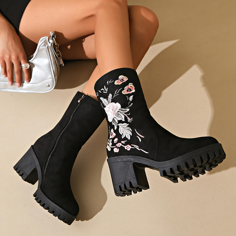 Fashion Luxury Embroidery Black Suede Ankle Boots Women 2025 Winter Floral Print High Heel Boots Brand Design Dress Shoes for Woman