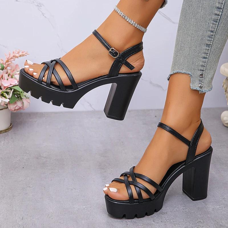 Fashion Women's Ankle Buckle High-Heeled Sandals New Style Cross Strap Platform Sandal Female 2025 Outdoor Thick Heel Sandalias Mujer