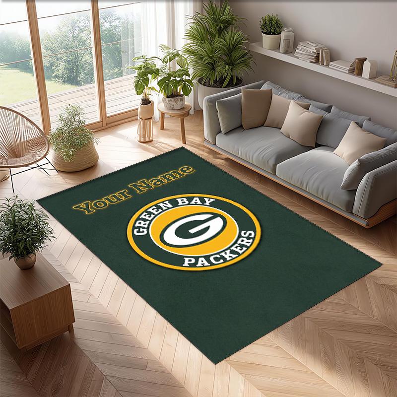 Green Bay Packers Crystal Velvet Rug, Custom Name Text Personalized Non‑Slip Floor Mat for Home Decor Gift