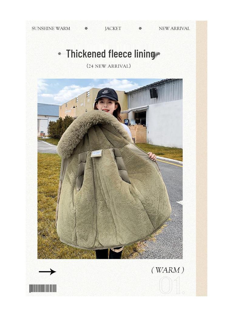 Women's Mid-Length Cotton Jacket with Large Fur Collar, Hooded, Winter 2024 Style, Warm Outerwear.