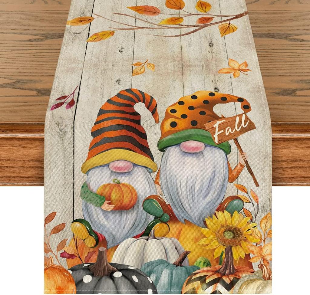 Wood Grain Gnomes Pumpkins Sunflower Leaves Fall Table Runner Autumn Thanksgiving Dresser Scarf Decor Kitchen Dining Table Decor