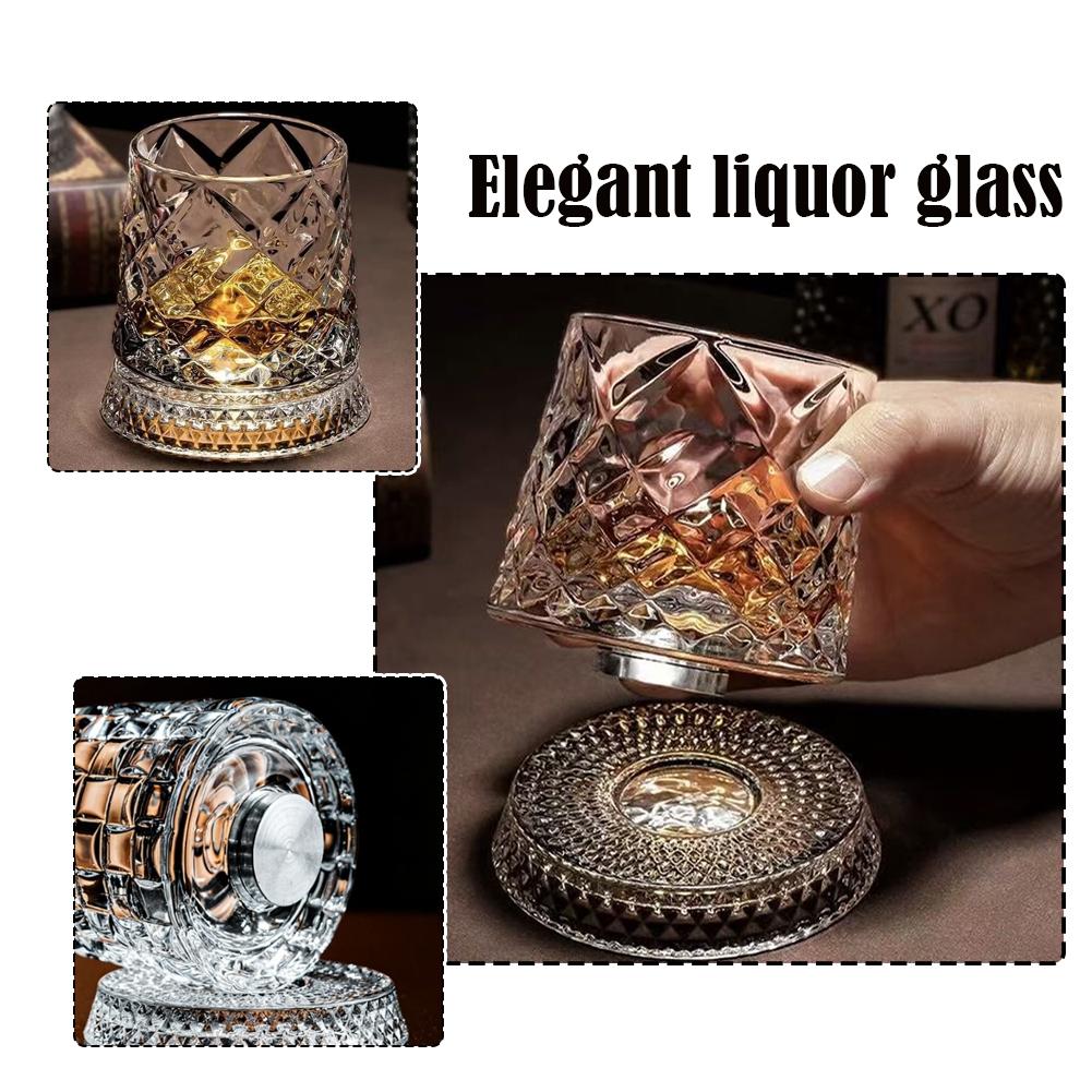 280ml Crystal Rotating Whiskey Glass with Base Diamond Cut Ice Flower Bubble Pattern Spinner Cup for Home Bar Party Gifts