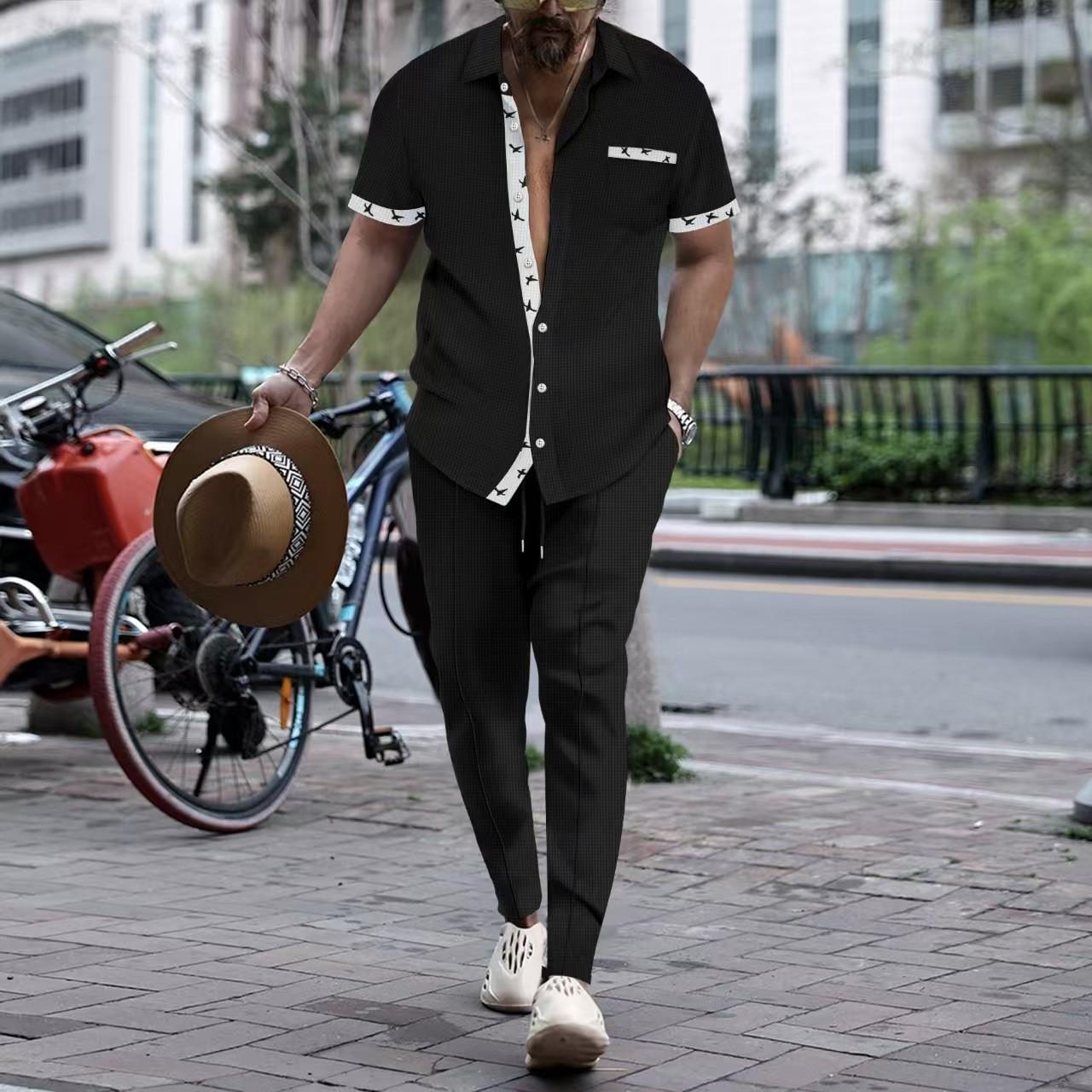 

Мужские новые молодежные рубашки с воротником-лацканами и однотонными пуговицами и короткими рукавами, спортивные костюмы и брюки 3XL чёрный