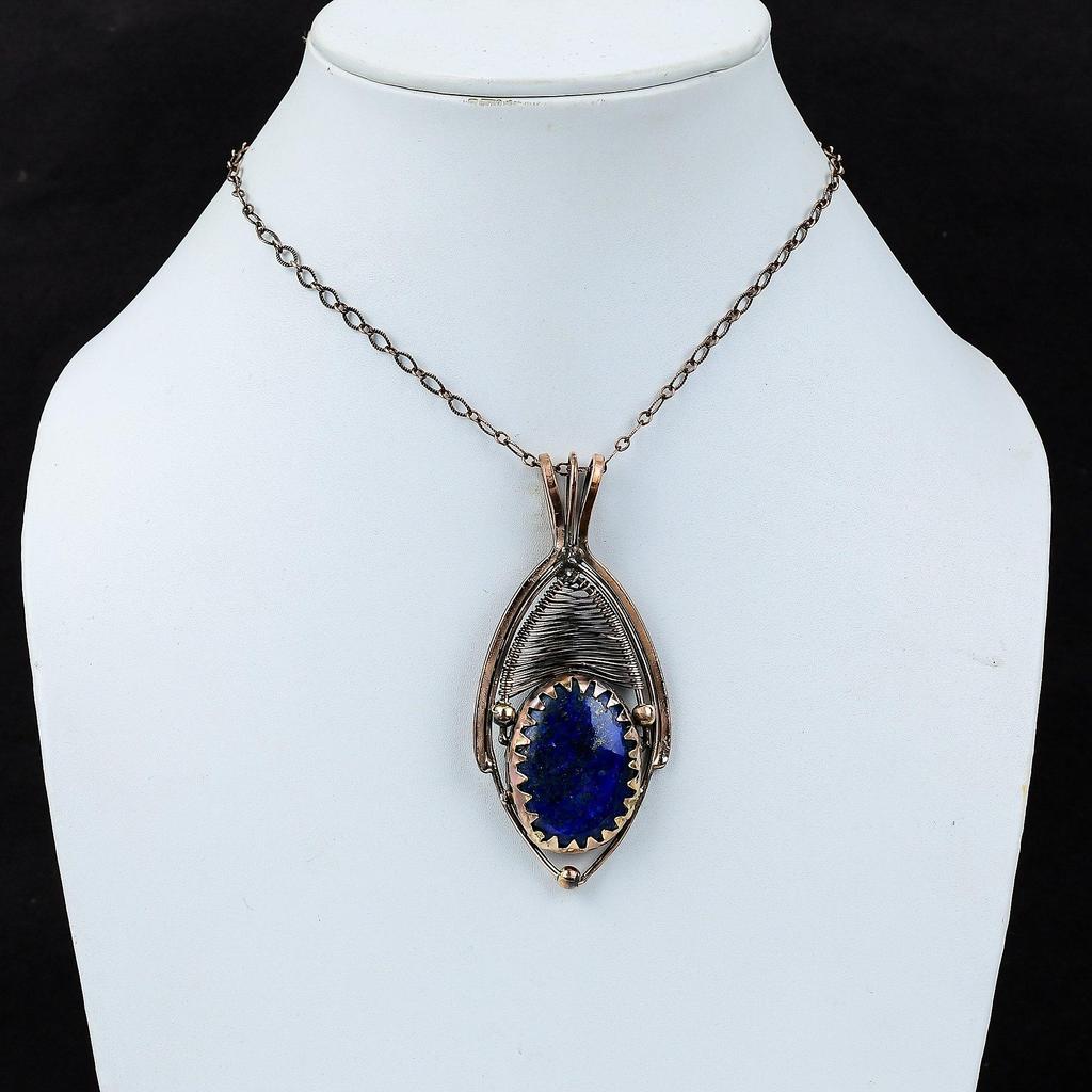 Aufwendiger Lapislazuli-Edelstein, reiner Kupferdraht, umwickelt, handgefertigter Anhänger-Schmuck
