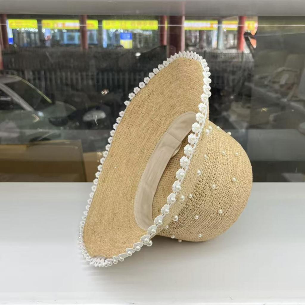 2026 Lafite Grass Day Single Fashion Pearl Straw Hat Women's Summer Sun Hat Beach Temperament Vacation Straw Small Basin Hat