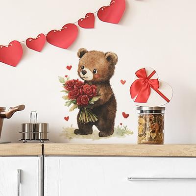 Valentine's Day Rose Cute Bear Bedroom Living Room  Home Background Beautification and Decoration Wall Stickers