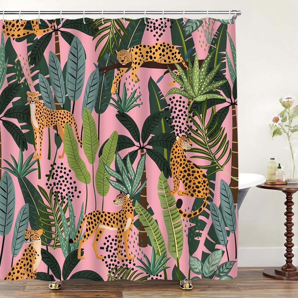 Leopard Shower Curtain Pink Wildlife Animal Leopard Asian Cheetah Tiger Tropical Palm Leaf Jungle Rainforest Plant Modern Boho P