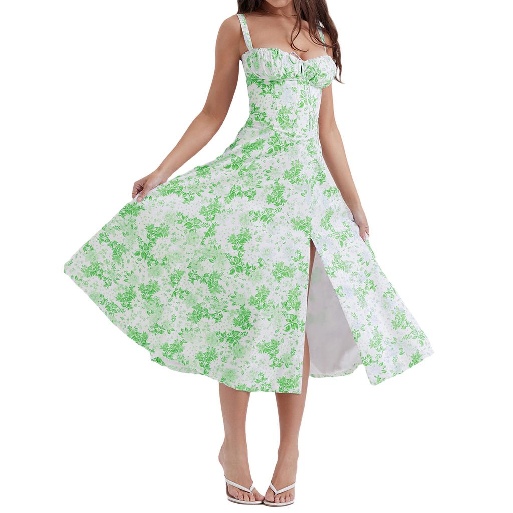 Women's Summer Dress Sexy Sleeveless Spaghetti Straps A-Line Midi Dress Side Slit Boho Holiday Beach Dresses