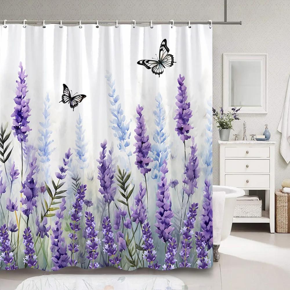 Purple Lavender Shower Curtain Fluttering Butterfly Botanical Flower Watercolour Art Painting Shower Curtain Bathroom Decoration