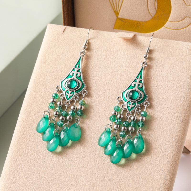 Vintage Elegant Crystal Water Drop Dangle Earrings for Women Ethnic Temperament Long Geometric Handmade Earring Female Jewelry