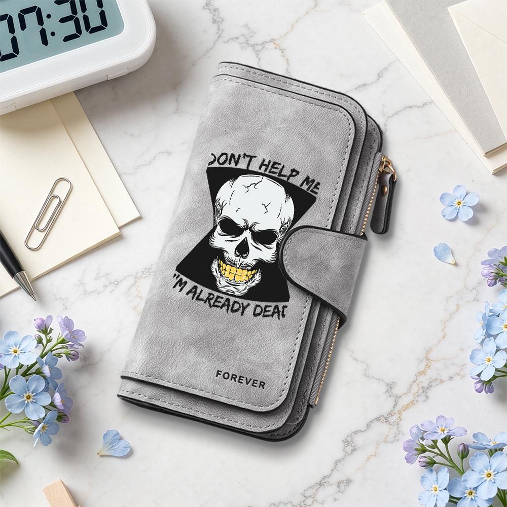 Gothic Skull Print Long Wallet Multi Card Slot Zipper Purse for Daily Use