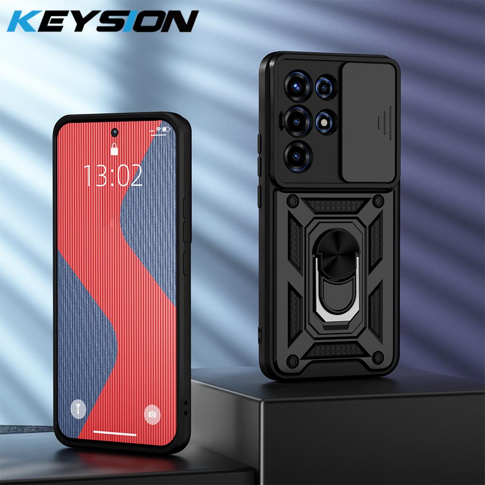 KEYSION Shockproof Armor Case for Itel SUPER 26 Ultra Slide Camera Lens Protection Ring Stand Phone Cover for Itel S26 Ulltra