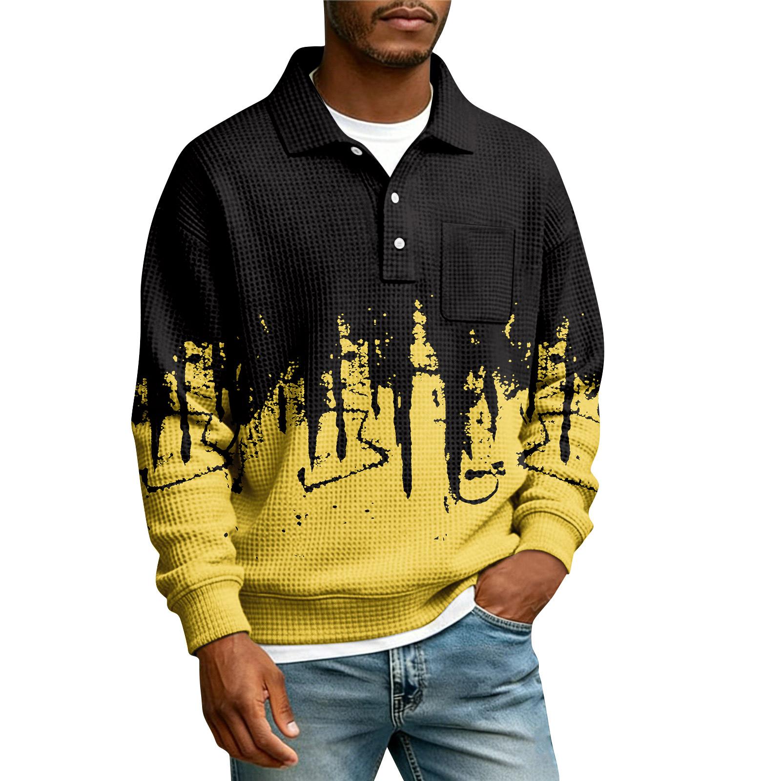 

Men s Lapel Printed Single Breasted Pocket Long Sleeve Casual Sports T-Shirt XL жовтий