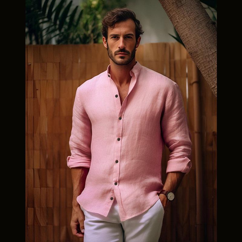 Bavlněná lněná košileNová pánská vintage bavlněná lněná krepová košile s límečkem Henley