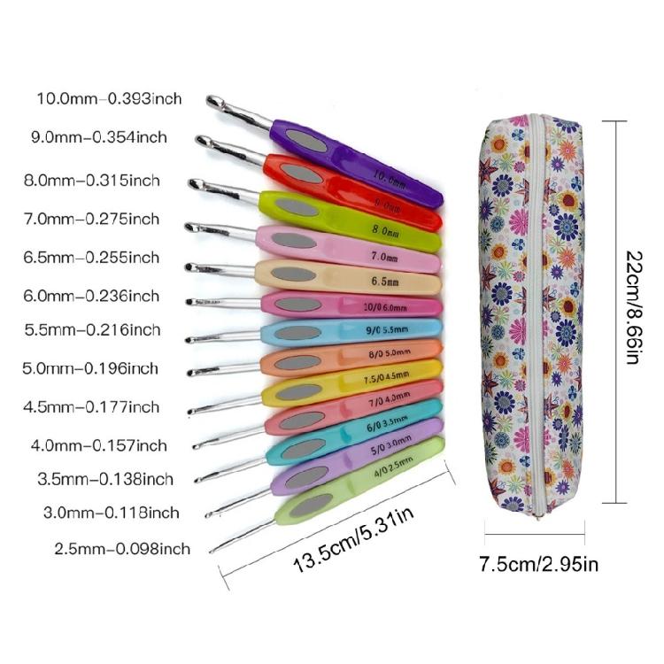 13Pcs Metal Crochet Hook to Beginner and Adults, Ergonomic Soft Grip Crochet Needle with Stainless Tip Crochet Hook Set