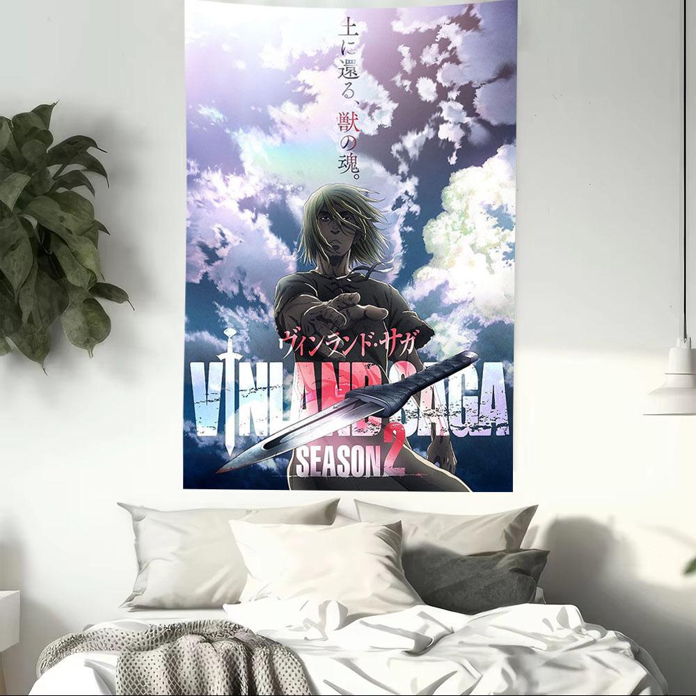 Arazzo stampato a tema anime Vinland Saga, arazzo da parete hippie sci-fi, sfondo estetico per la parete della stanza dei fan degli anime, tessuto decorativo