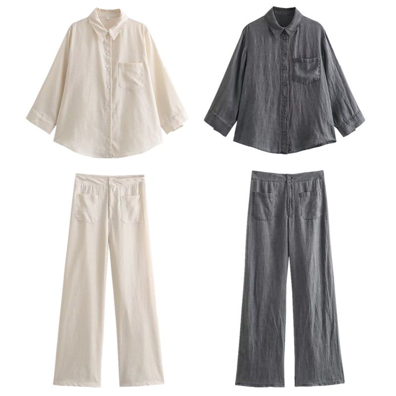 Fashion Style Autumn New Women's Clothing Slimming Pocket Trim Linen Shirt Mid Waist Pants 4786320 802
