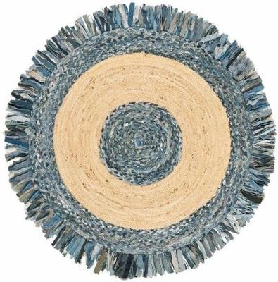 Aizza Trends Indian Handmade Braided Natural Jute and Denim Cotton Round Floor Area Rug- Jute Rug- Dining Room-