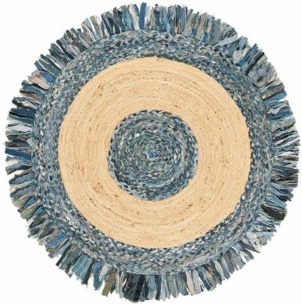 Aizza Trends Indian Handmade Braided Natural Jute and Denim Cotton Round Floor Area Rug- Jute Rug- Dining Room-
