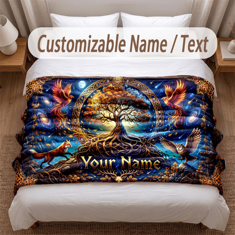Tree of Life Theme Soft Blanket Personalized Custom Name Text Print Warm Blanket Home Sofa Bedroom Decor