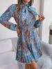 Elegant Floral Lace Up Waist Long Sleeve Pleated Midi Dress For Women
