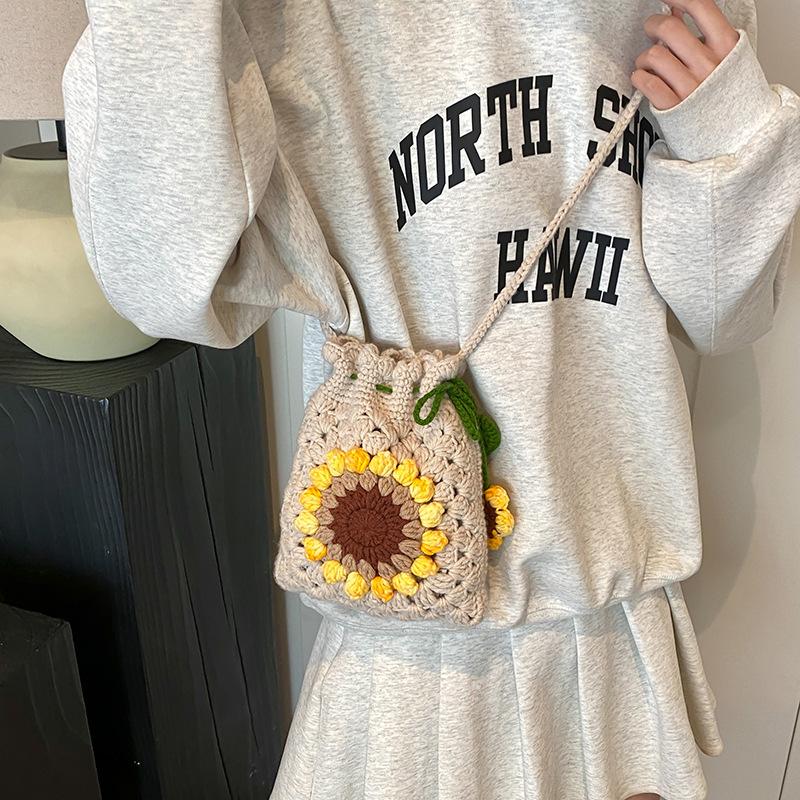 Handmade Crochet Sunflower Phone Crossbody Bag For Women, Cute Knitted Lightweight Cell Phone Purse Drawstring Pouch For Daily Commute