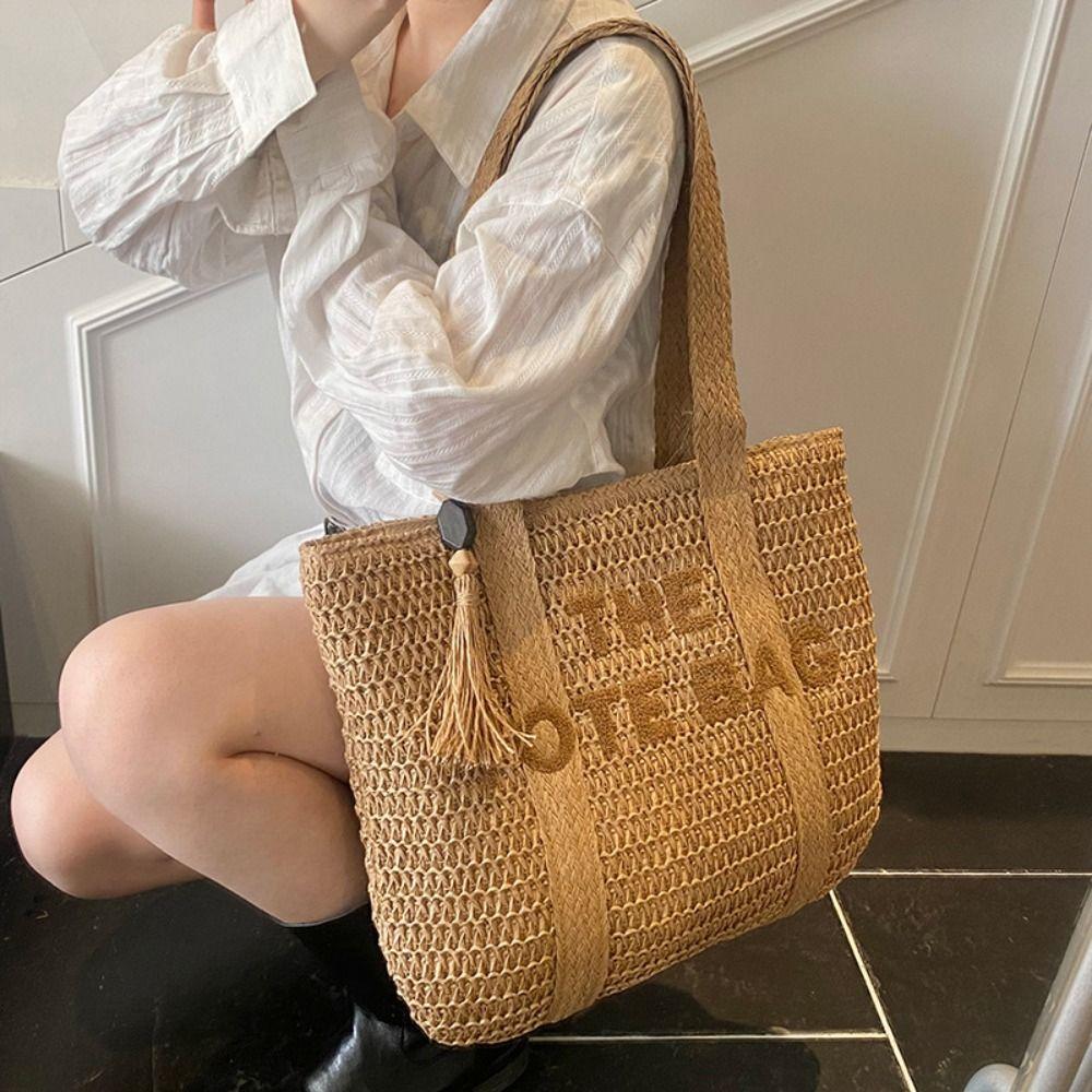 Bohemian Weave Tote Bag Hollow Out Summer Beach Bag Simple Straw Shoulder Bag  Outdoor