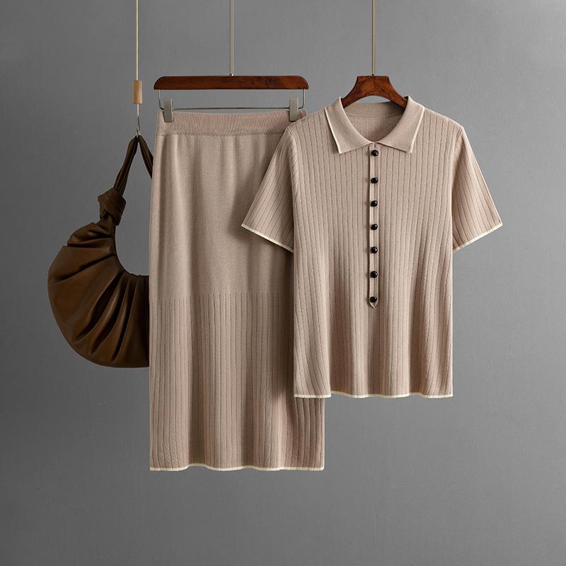 

Жіночий новий літній топ у стилі поло з коміром, в язана спідниця, модний костюм-двійка one size хакі