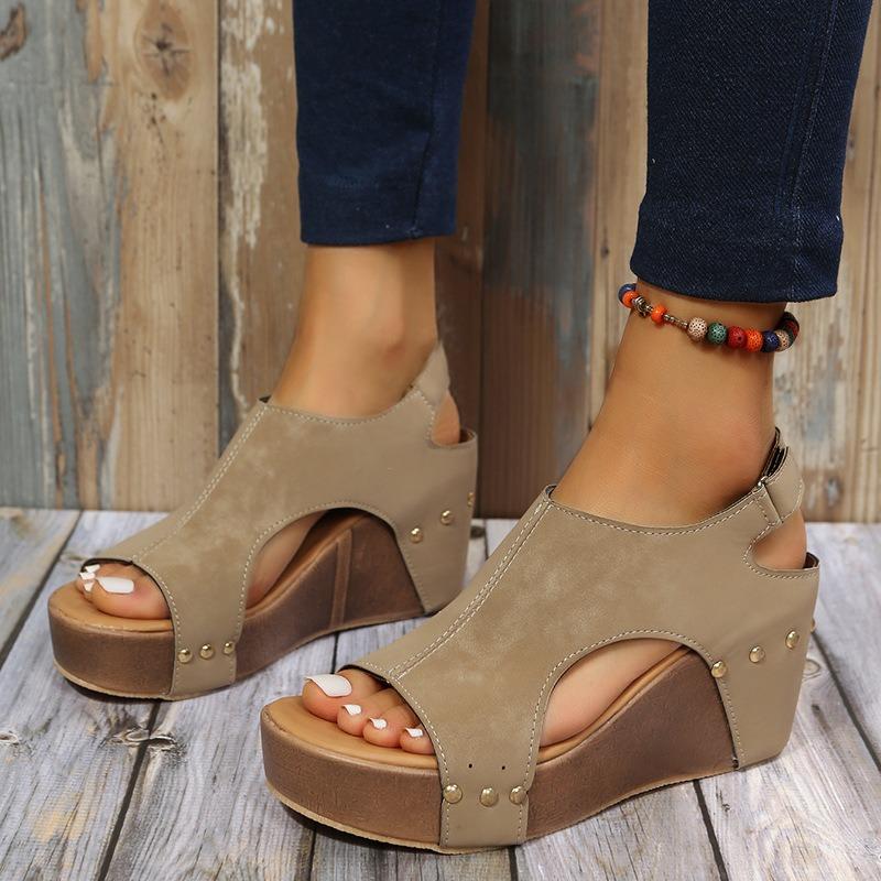 Large size wish new slope heel fish mouth sandals women's summer thick-soled rivets hollow sandals