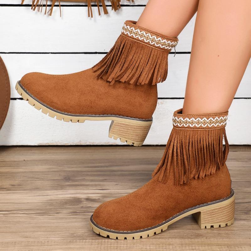 2024 Women's Medium Low Heel Bohemian Motorcycle Boots Tassel Cowboy Boots Spring and Autumn Tassel Women's Boots High Heels