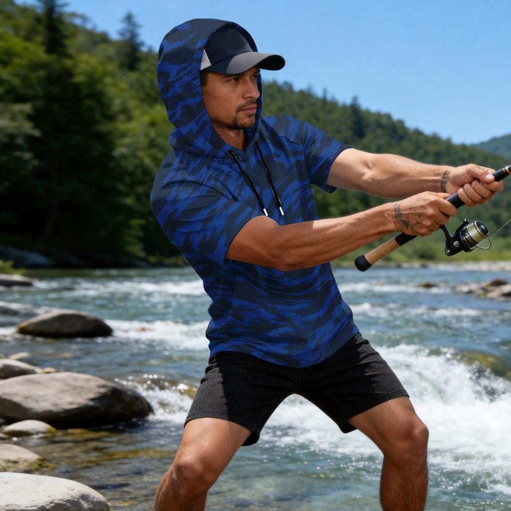 Men's 50+ Sun Short Sleeve Hoodie Fishing Shirt with Camouflage Print, Lightweight Outdoor Tee