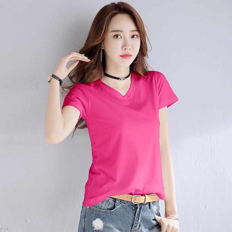 Women's Summer Pink V-Neck Pure Cotton Short Sleeve T-Shirt, Customizable with Logo.