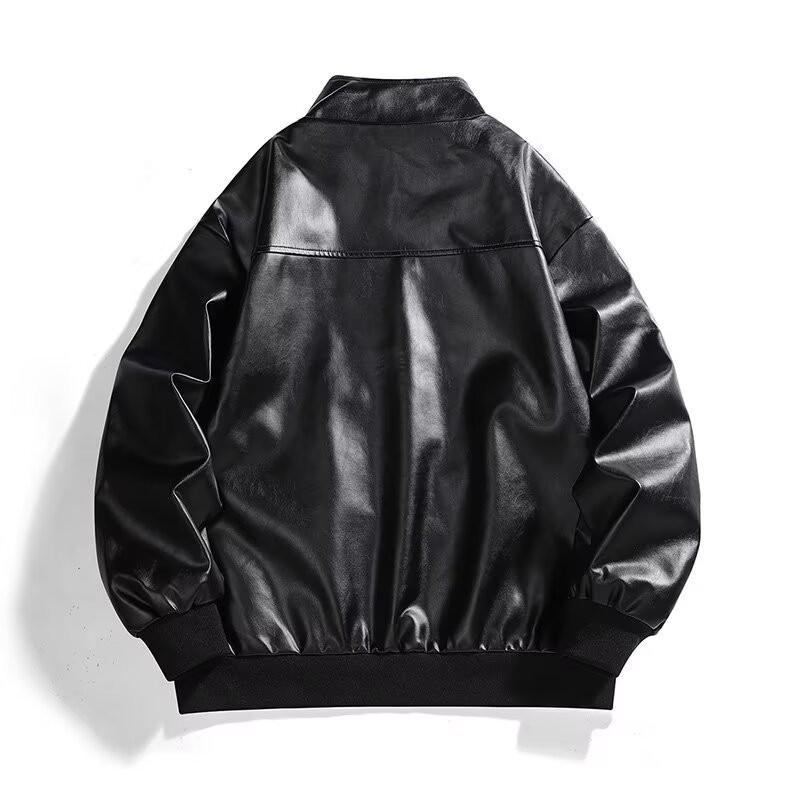 Unisex Oversized Stehkragen Jacke Mit Gestickten Buchstaben PU Leder Patchwork Lässige Moto Oberbekleidung