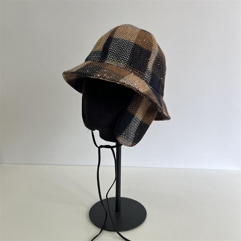 

Осенне-зимняя британская клетчатая шапка-ушанка, защита ушей, шляпа-ведро, теплая мужская и женская велосипедная шапка, ветрозащитная шляпа-панама M（56-58cm） темно-коричневого