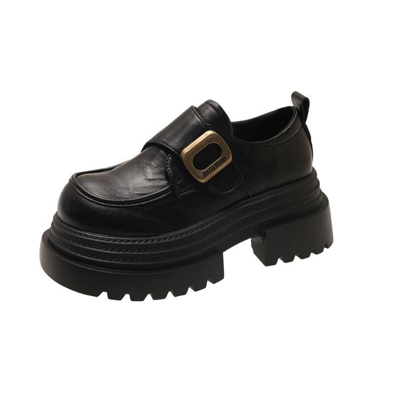 Platform Thick Heel British Style Small Leather Shoes Women's 2025 New French Retro Versatile Height-increasing Velcro Loafers