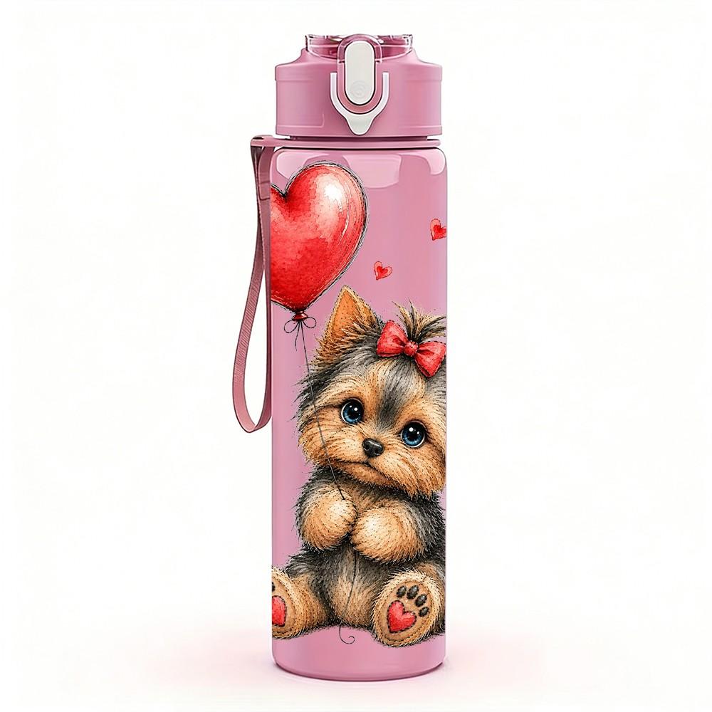 1PC Lovely Puppy Red Heart Art 750ml Color Plastic Sports Water Bottle Leakproof Flip Straw Lid Suitable for Sports Office Home Use