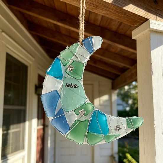 Handmade Moon Shape Sea Glass Ornament Coastal Style Crescent Moon Hanging Decoration for Tree Holiday Home Decor Gift for Beach Lovers