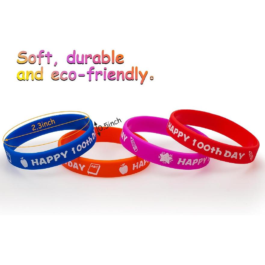36PCS Happy 100th Day Bracelets Colorful Silicone Wristbands Cute 100th Day of School Gifts Rubber Bracelets for School Classroom Party Favors Supply
