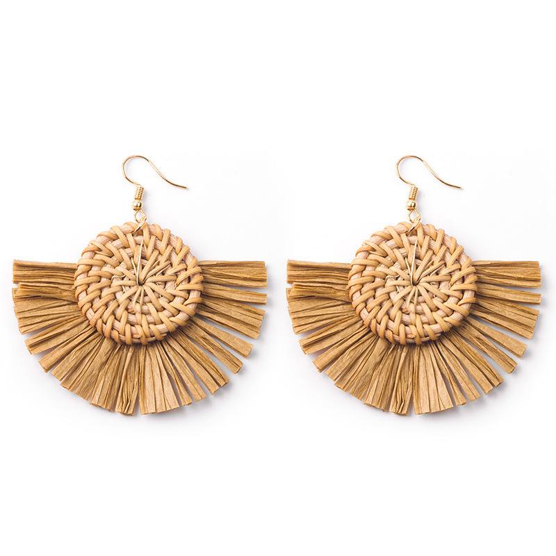 Hand-Woven Geometric Rattan Raffia Earrings, Retro Resort Fan Stud Earrings, Earrings For Women