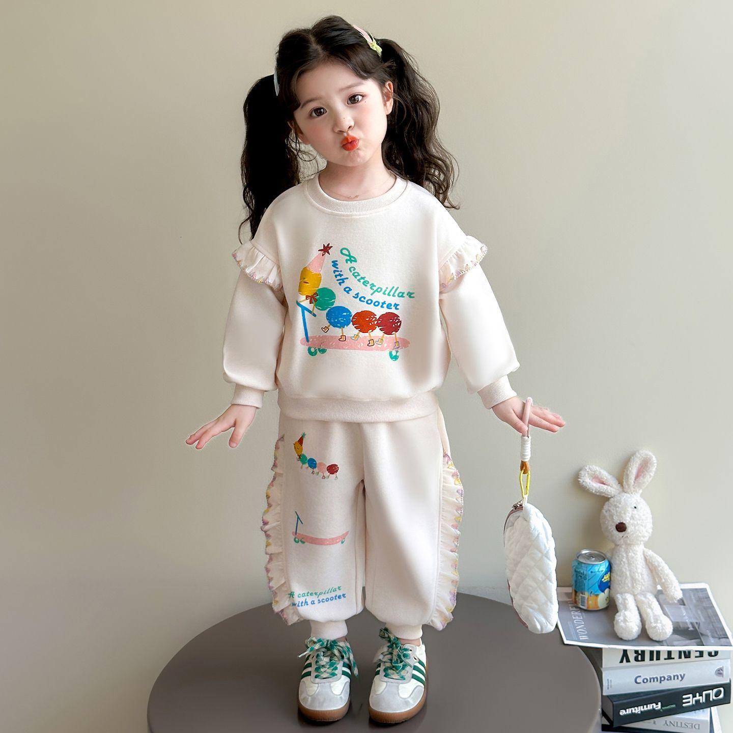 Girls Korean Cartoon Sweatshirt Two Piece Set for Spring Autumn 90