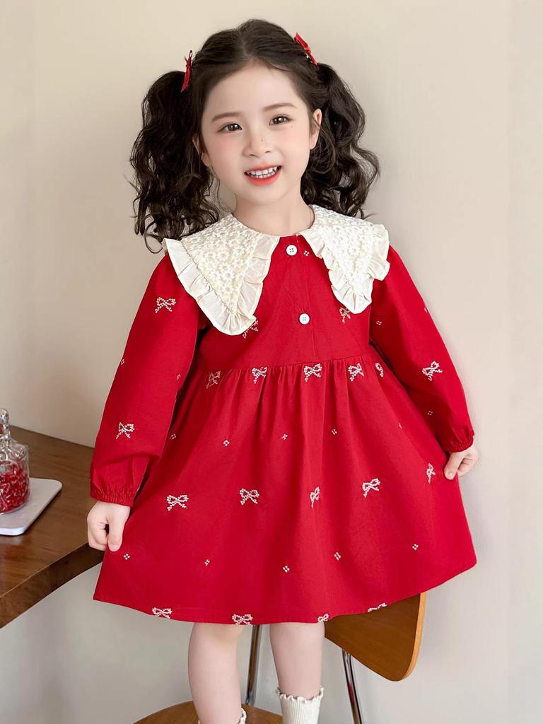 Spring Lace Collar Dress for Girls - Bow Embroidered Princess Skirt
